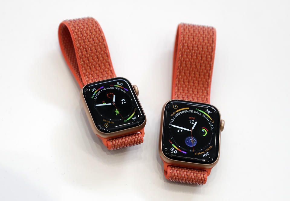 Apple watches are displayed during an event to announce new products at Apple Headquarters Wednesday, Sept. 12, 2018, in Cupertino, Calif. (AP Photo/Marcio Jose Sanchez)