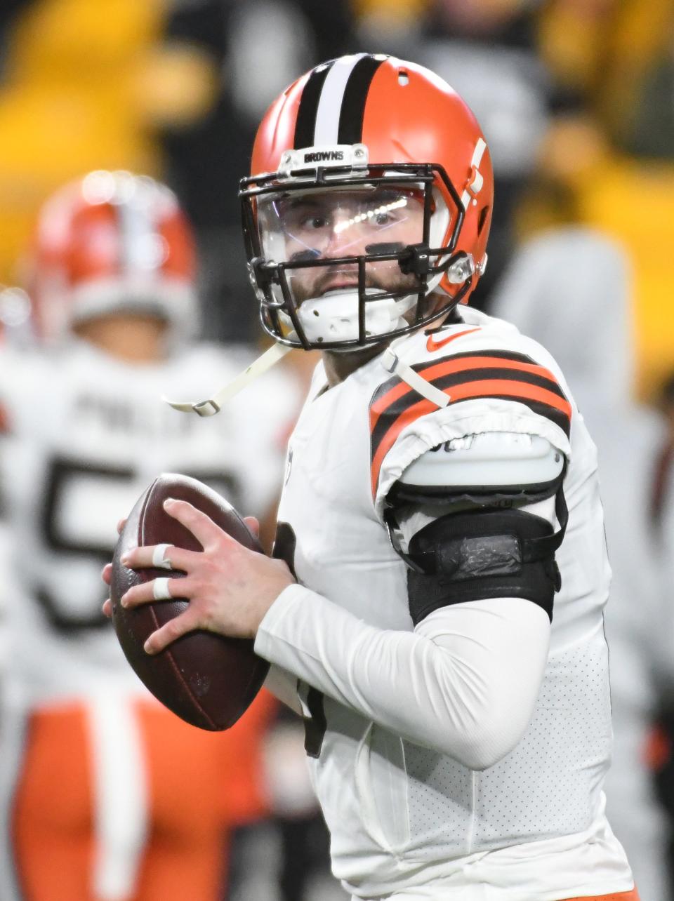 Jan 3, 2022; Pittsburgh, Pennsylvania, USA;  Cleveland Browns quarterback Baker Mayfield (6) throws a pass before playing the Pittsburgh Steelers at Heinz Field. Mandatory Credit: Philip G. Pavely-USA TODAY Sports