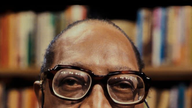 james van der zee wearing stringed glasses and taking a photo in front of bookshelves in the background