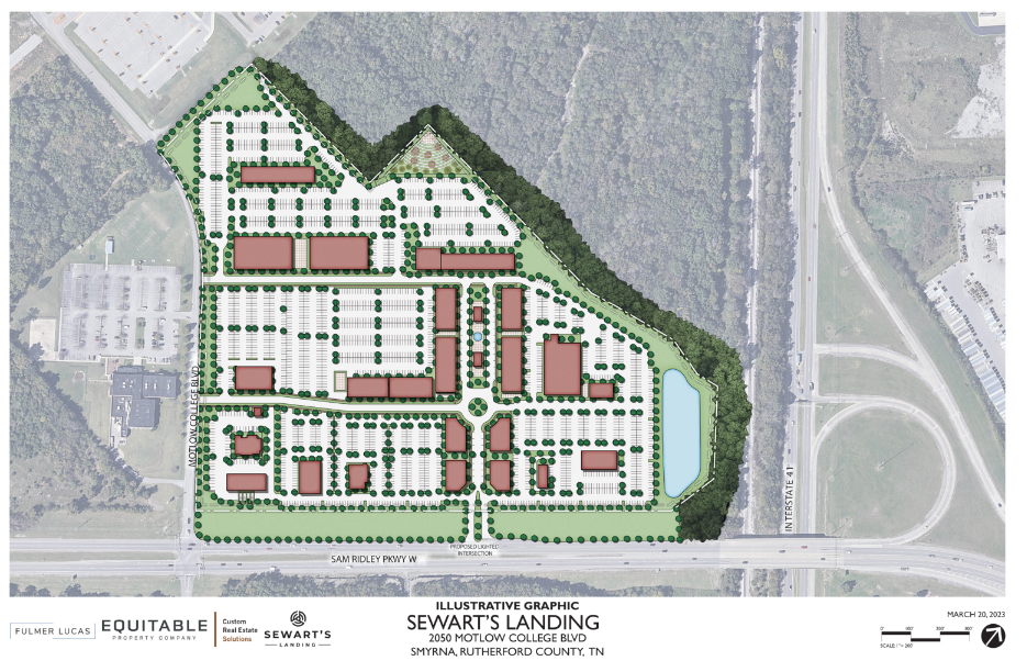 This illustrative graphic shows how the Sewart's Landing commercial and residential development in Smyrna will be planned on Motlow College Boulevard across from the YMCA off Sam Ridley Parkway.