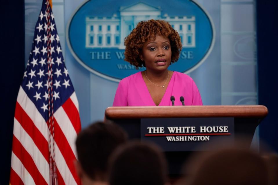 White House Press Secretary Karine Jean-Pierre talks to reporters during the daily news conference in the Brady Press Briefing Room at the White House on March 27, 2023 in Washington, D.C. (Photo by Chip Somodevilla/Getty Images)