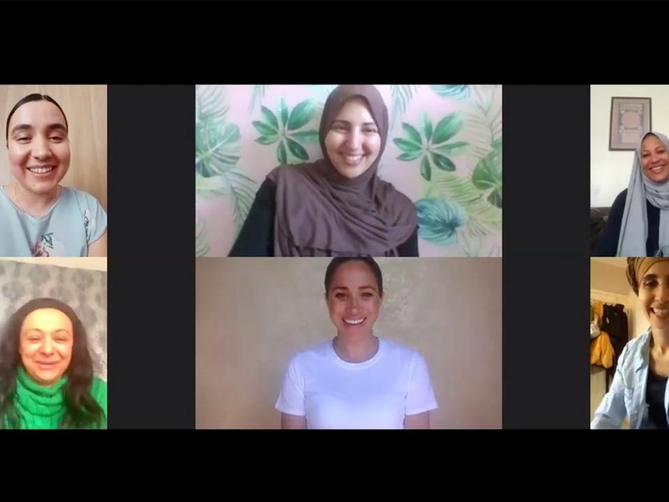 Meghan Markle in a white T-shirt on a video call with the Hubb Community Kitchen