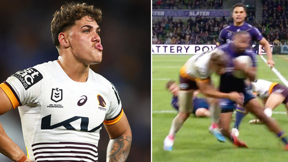 Broncos fullback Reece Walsh reacts and Walsh tackles Justin Olam.