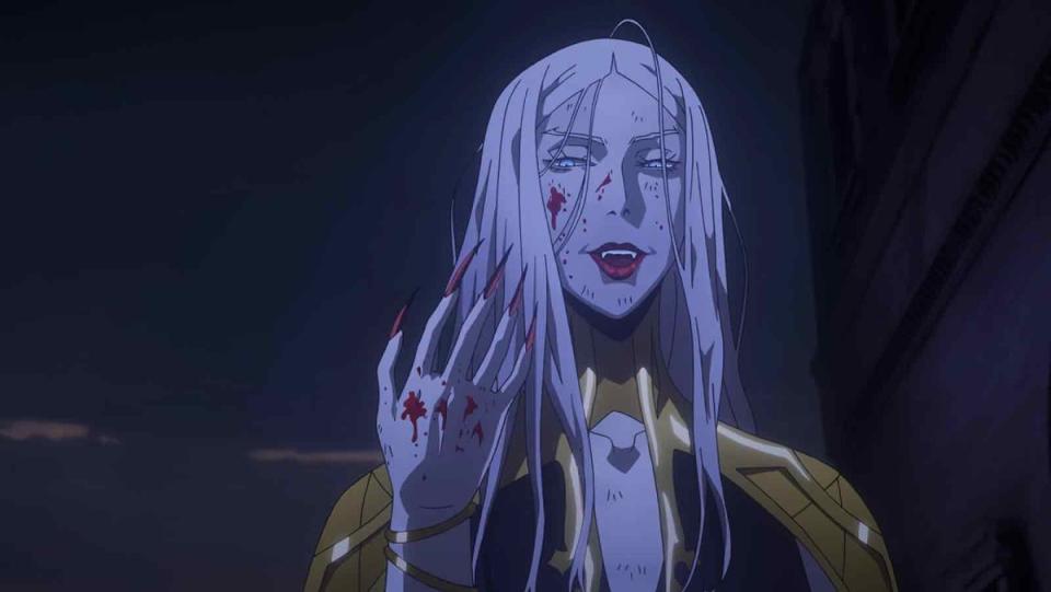 Carmilla drenched in blood in Netflix's Castlevania animated series.