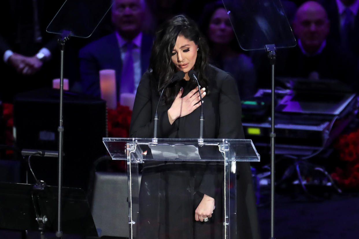 Vanessa Laine Bryant reacts as she speaks during a public memorial for her late husband, NBA great Kobe Bryant, her daughter Gianna and seven others killed in a helicopter crash on January 26, at the Staples Center in Los Angeles, California, U.S., February 24, 2020. REUTERS/Lucy Nicholson