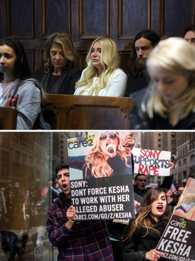 Kesha crying in court when she learns she won't be free from her record contract in 2016; #FreeKesha supporters outside of Sony's HQ in 2016