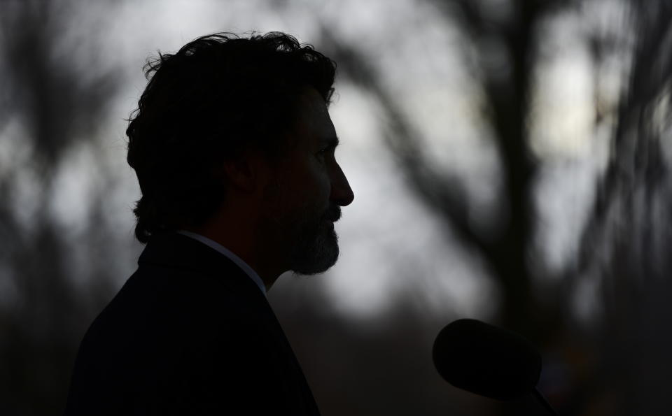 Prime Minister Justin Trudeau holds a press conference at Rideau Cottage during the COVID pandemic in Ottawa on Tuesday, Dec. 1, 2020. (Sean Kilpatrick/The Canadian Press via AP)