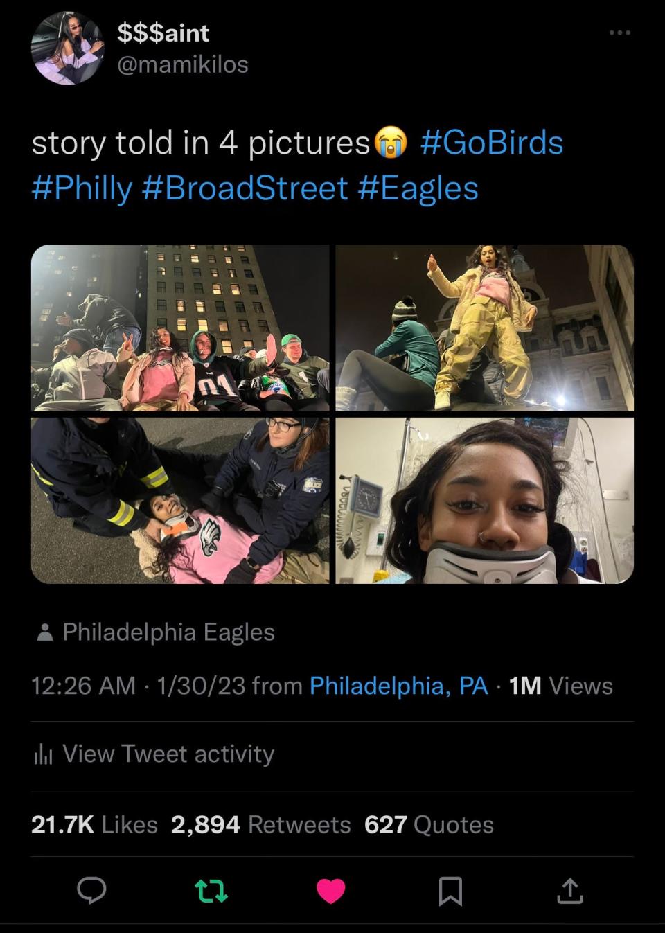 Eagles fan Ashley Marcial's tweet about her Jan. 29 fall from a Philadelphia bus shelter was viewed more than a million times. Marical said she was traumatized by the fall and grateful to first responders, but it won't keep her from coming back out for the Super Bowl.