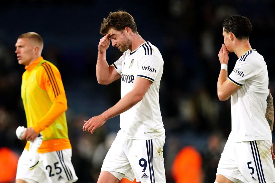 Patrick Bamford, centre, appears dejected at the final whistle after missing a golden chance moments earlier (Mike Egerton/PA) (PA Wire)