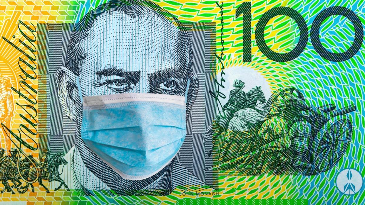 Australian $100 note with Sir John Monash wearing computer-generated COVID-19 face mask. 