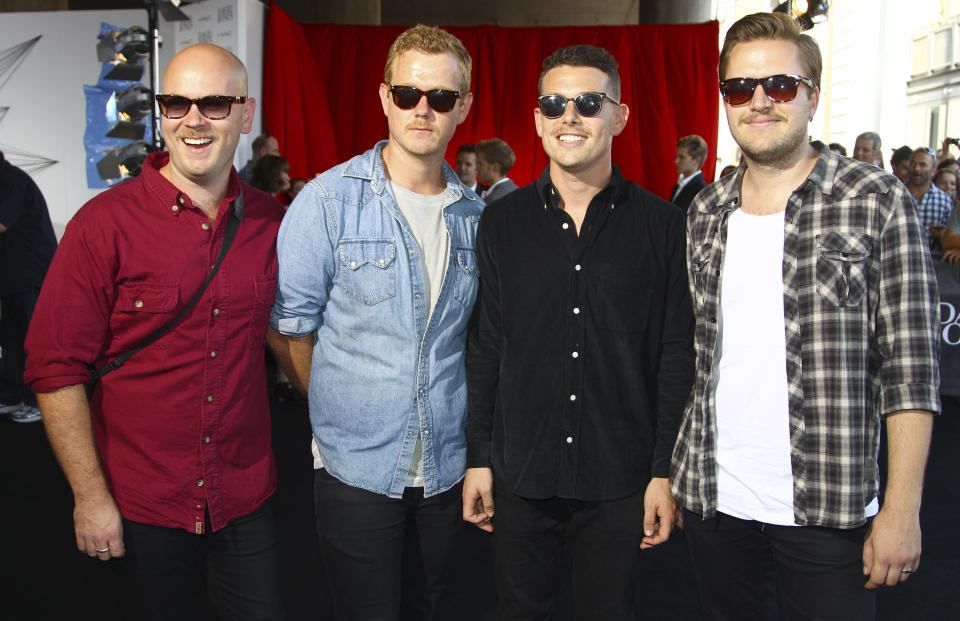 The group Boy & Bear arrive for the Australian music industry Aria Awards in Sydney, Thursday, Nov. 29, 2012. (AP Photo/Rick Rycroft)