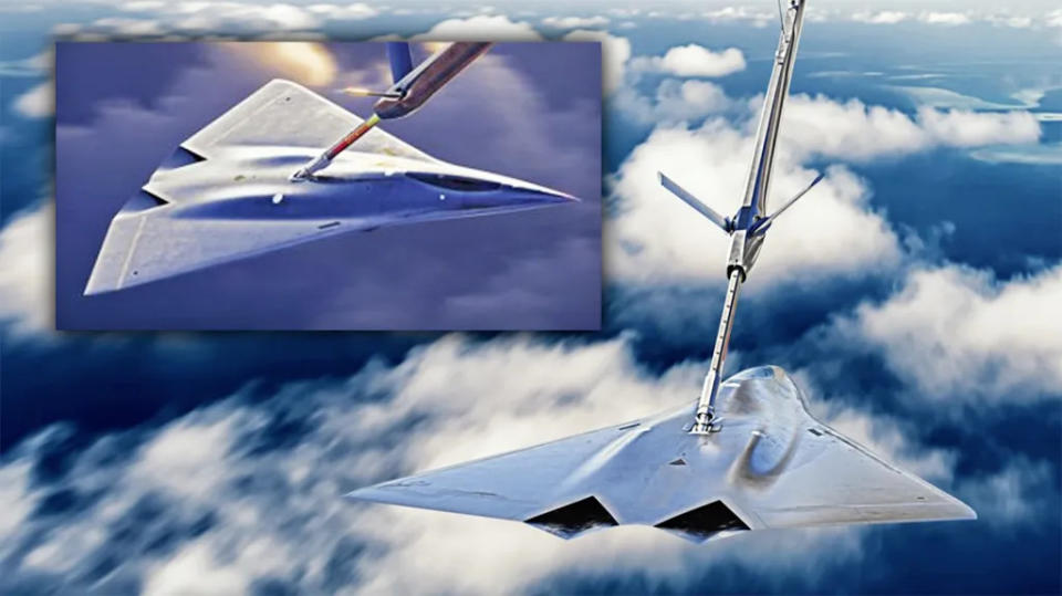 A composite of renderings Lockheed Martin previously released showing a crewed sixth-generation stealth combat jet concept being refueled in mid-air. <em>Lockheed Martin</em>