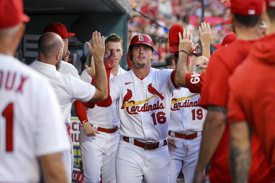 St. Louis Cardinals' Nolan Gorman is congratulated after he scored against the Chicago Cubs during the third inning of a baseball game Tuesday, Aug. 2, 2022, in St. Louis. (AP Photo / Scott Kane)