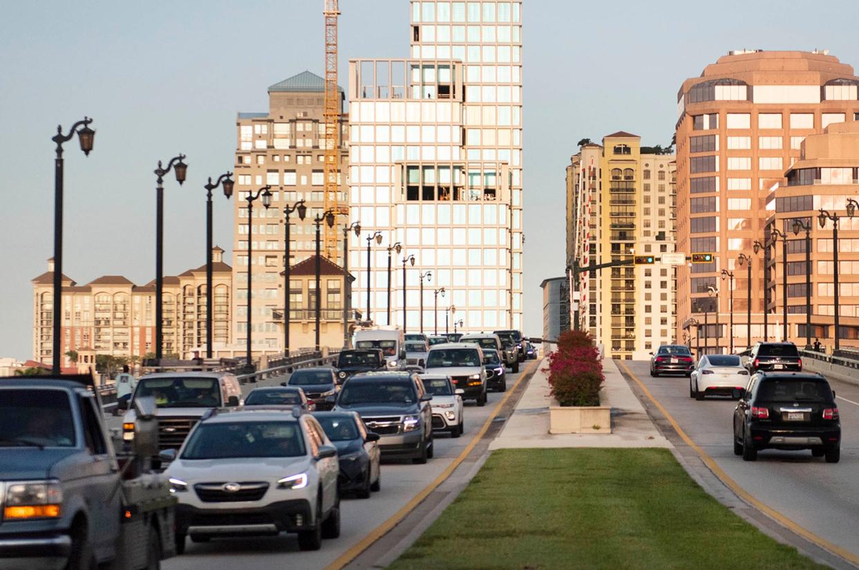 Heavy morning traffic on the The Royal Park Bridge March 12, 2024 in Palm Beach.