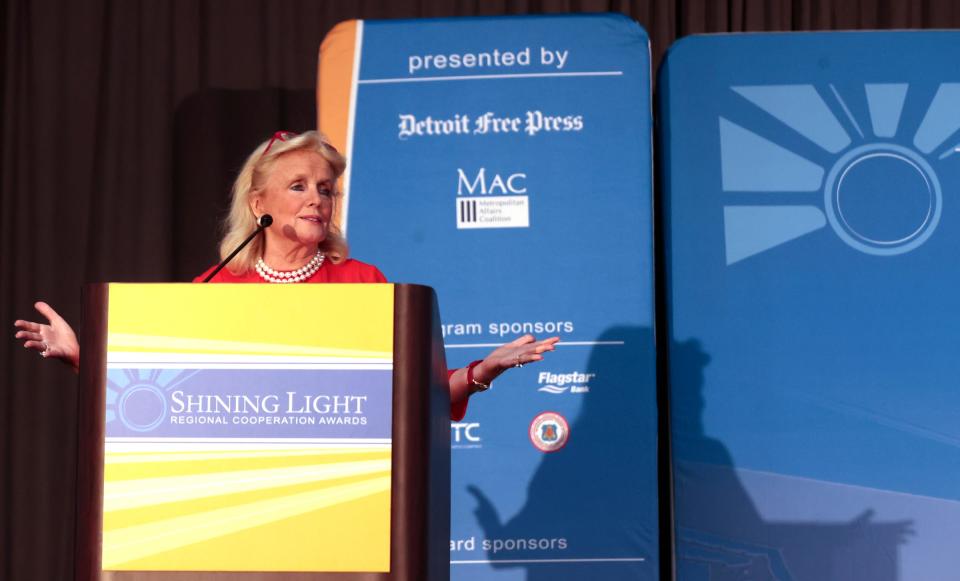 U.S. Rep. Debbie Dingell talks with the crowd at the Shining Light Awards ceremony at The Mint at Michigan First Conference Center in Southfield on Thursday, October 5, 2023.