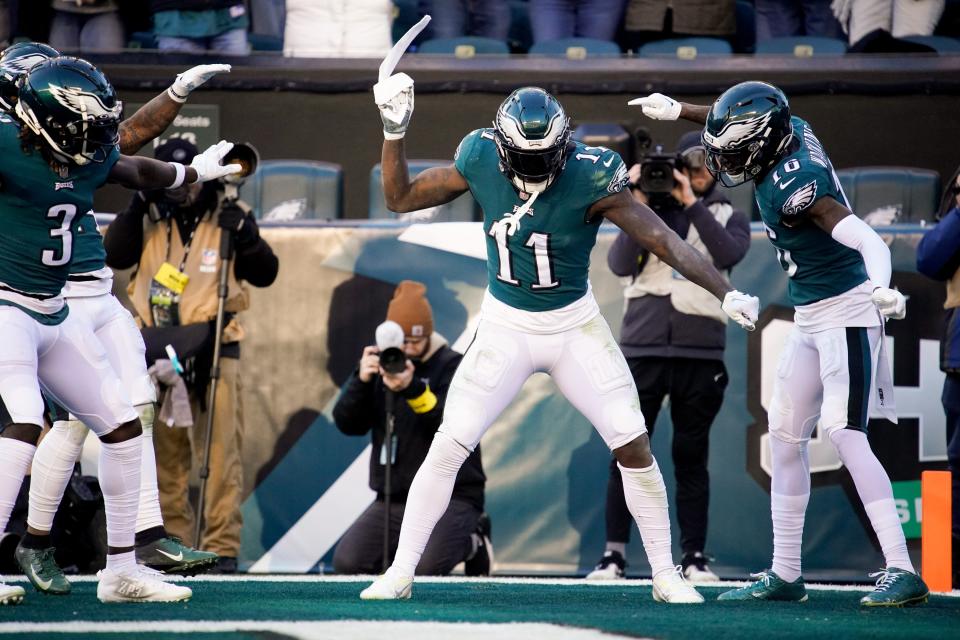 Philadelphia Eagles wide receiver A.J. Brown (11) celebrates his touchdown during the third quarter at Lincoln Financial Field Sunday, Dec. 4, 2022, in Philadelphia, Pa. 
