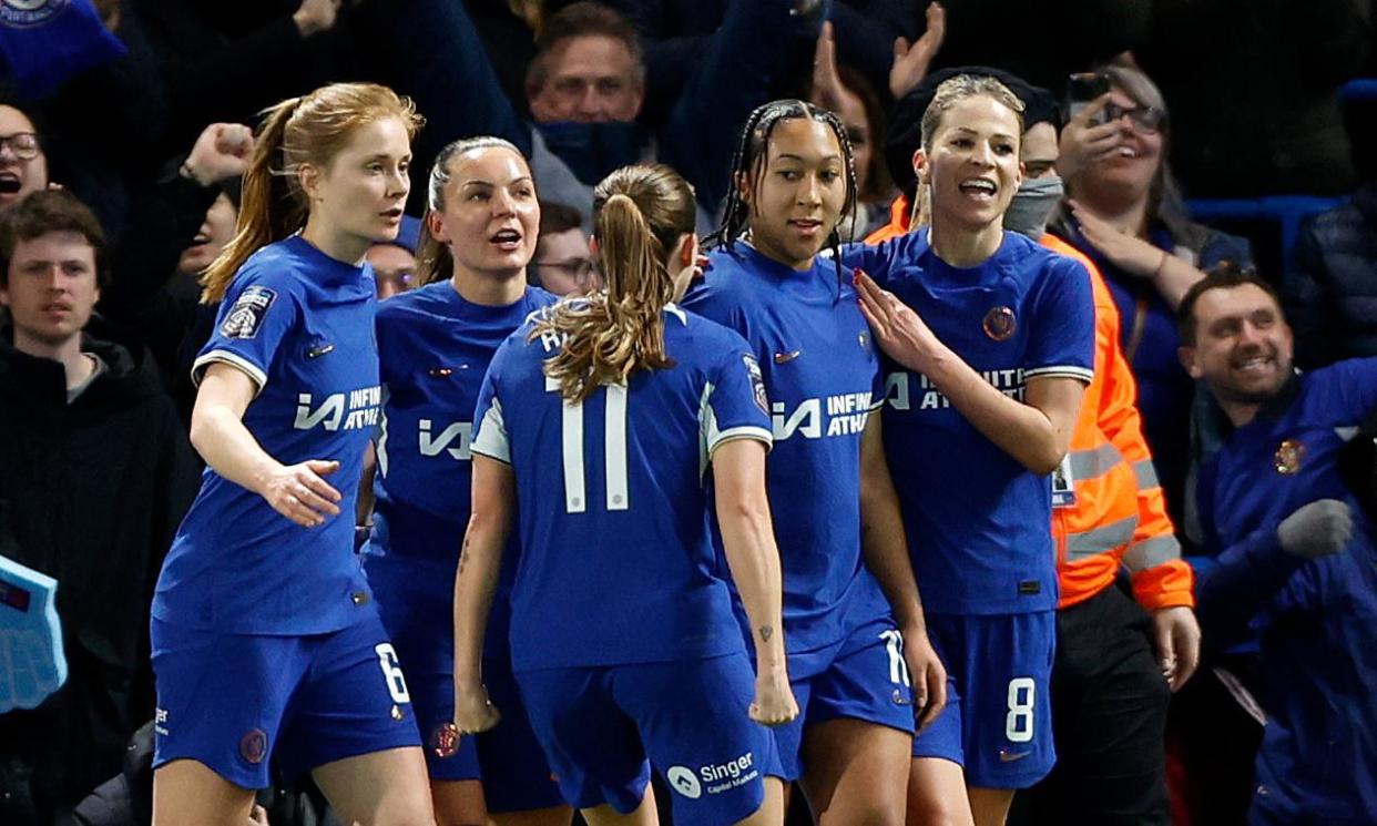 <span>Lauren James (second right) celebrates with teammates after giving Chelsea the lead.</span><span>Photograph: Nigel French/PA</span>