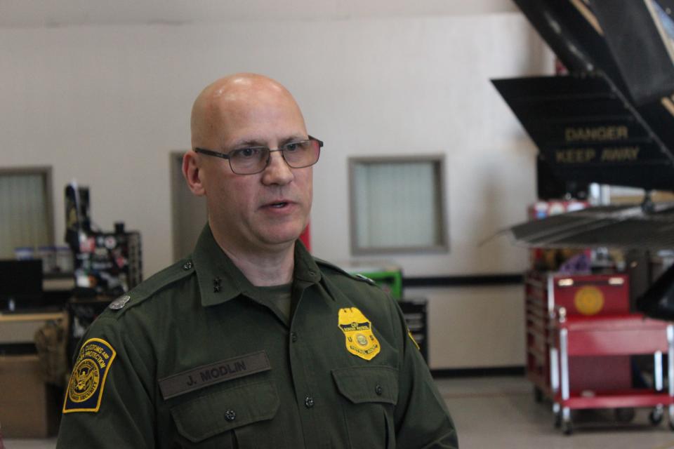 John Modlin, chief patrol agent of the U.S. Border Patrol's Tucson Sector speaks at the Davis-Monthan Air Force Base about the sector's readiness on Monday, May 8, 2023. The event comes days ahead of Title 42's expected expiration on May 11.