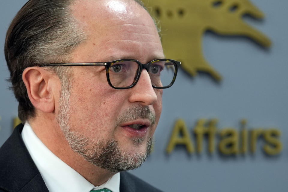 Austrian Foreign Minister Alexander Schallenberg, speaks to journalists during a joint press conference with his Lebanese counterpart Abdallah Bouhabib in Beirut, Lebanon, Thursday, Feb. 29, 2024. Schallenberg urged Israel and Lebanon's militant Hezbollah group not to escalate the conflict along the border saying Thursday that the Middle East has witnessed enough devastation and cruelty. (AP Photo/Bilal Hussein)