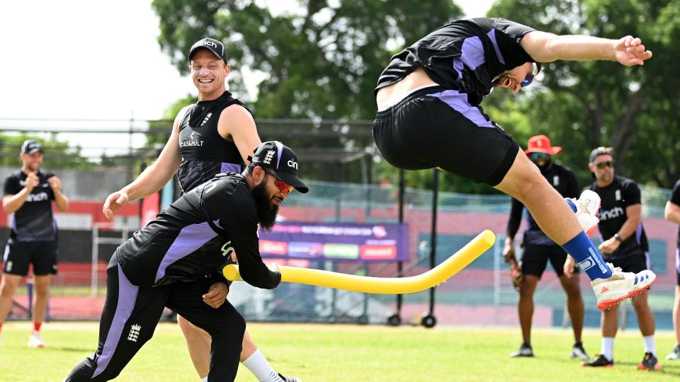 Adil Rashid and Liam Liviingstone during England's warm-ups