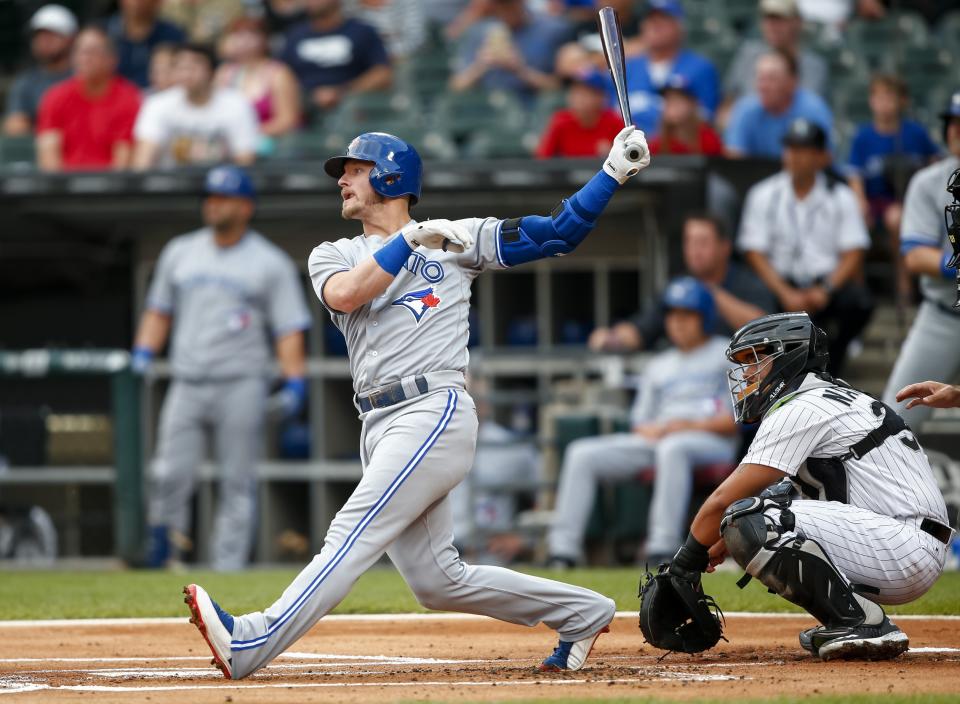 The Blue Jays’ Josh Donaldson hits a home run during the first inning against the White Sox on Tuesday. (Getty Images)