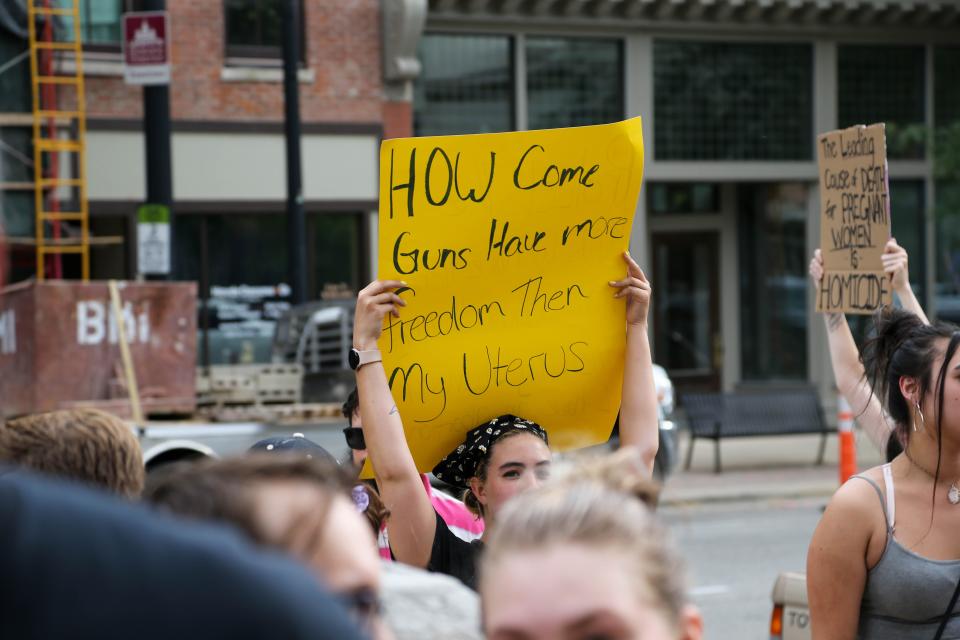 More than 100 people gathered at the Tippecanoe County Courthouse in Lafayette, Ind., June 24, 2022, hours after the U.S. Supreme Court ruled 6-3 to overturn Roe v. Wade, the landmark decision that gave a woman the right to an abortion 50 years ago.