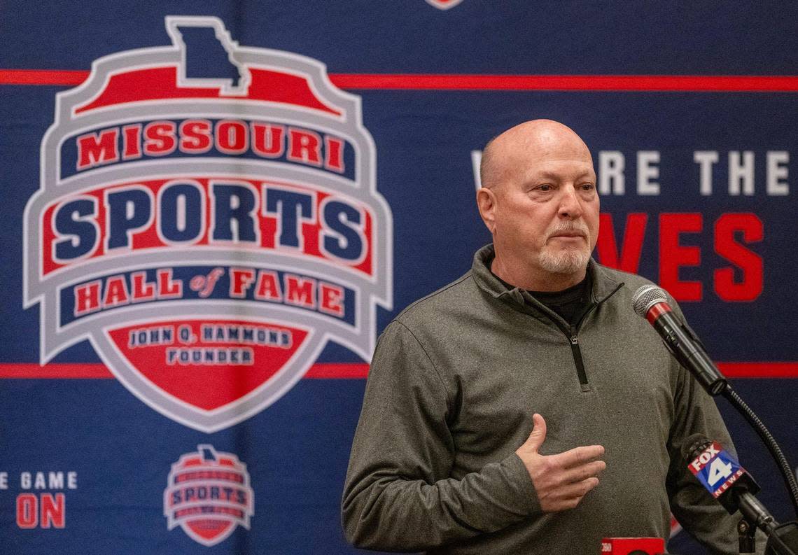 Phil Dorman, Platte County wrestling coach, spoke after being inducted into the Missouri Sports Hall of Fame on Wednesday, March 20, 2024, during a ceremony at Union Station in Kansas City.