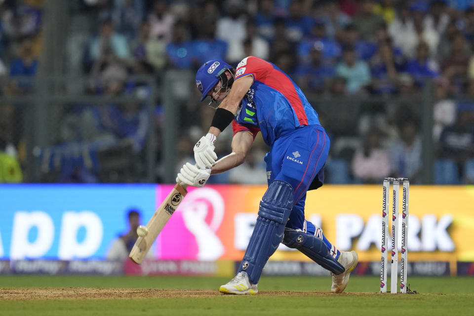 Delhi Capitals' Tristan Stubbs plays a shot during the Indian Premier League cricket match between Mumbai Indians' and Delhi Capitals' in Mumbai, India, Sunday, April. 7, 2024.(AP Photo/ Rafiq Maqbool)