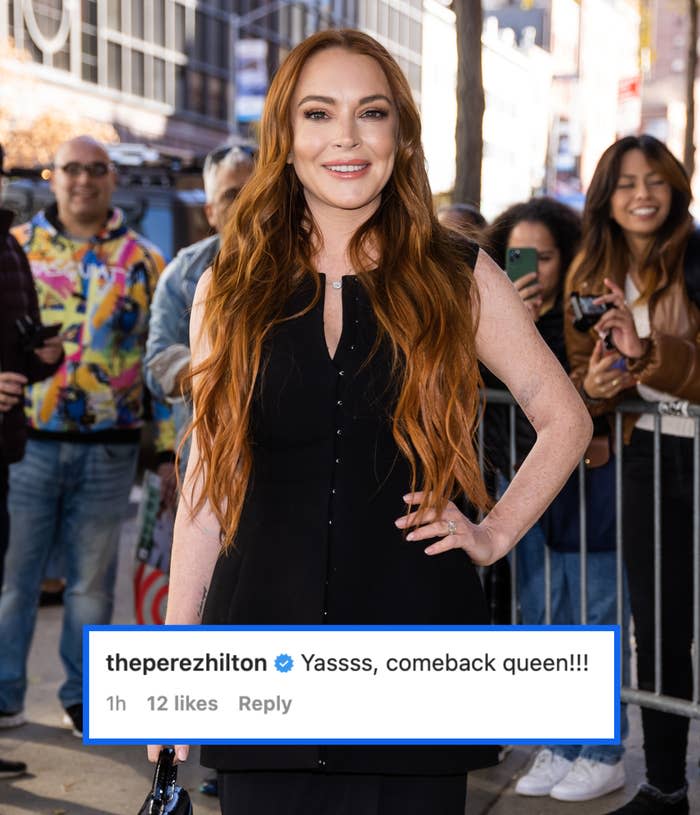 Perez Hilton saying "Yasss, comeback queen!!!" on instagram on press photo of Lindsay