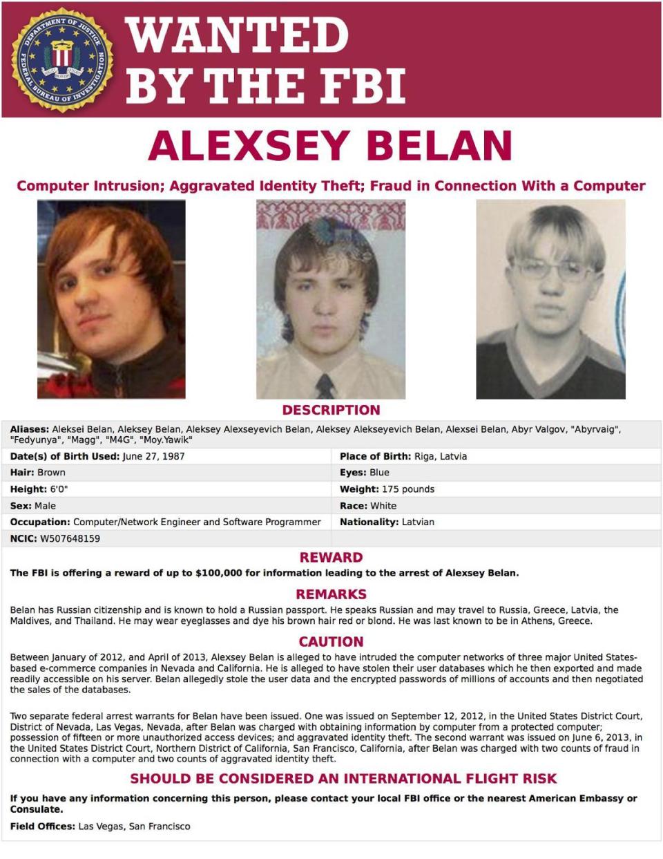 This image provided by the FBI shows the wanted poster for Alexsey Belan. In a sweeping response to election hacking, President Barack Obama sanctioned Russian intelligence services and their top officials, kicked out 35 Russian officials and shuttered two Russian-owned compounds in the U.S. It was the strongest action the Obama administration has taken to date to retaliate for a cyberattack. Other individuals sanctioned include Belan and Evgeniy Bogachev, two Russian nationals who have been wanted by the FBI for cyber crimes for years. (FBI via AP)