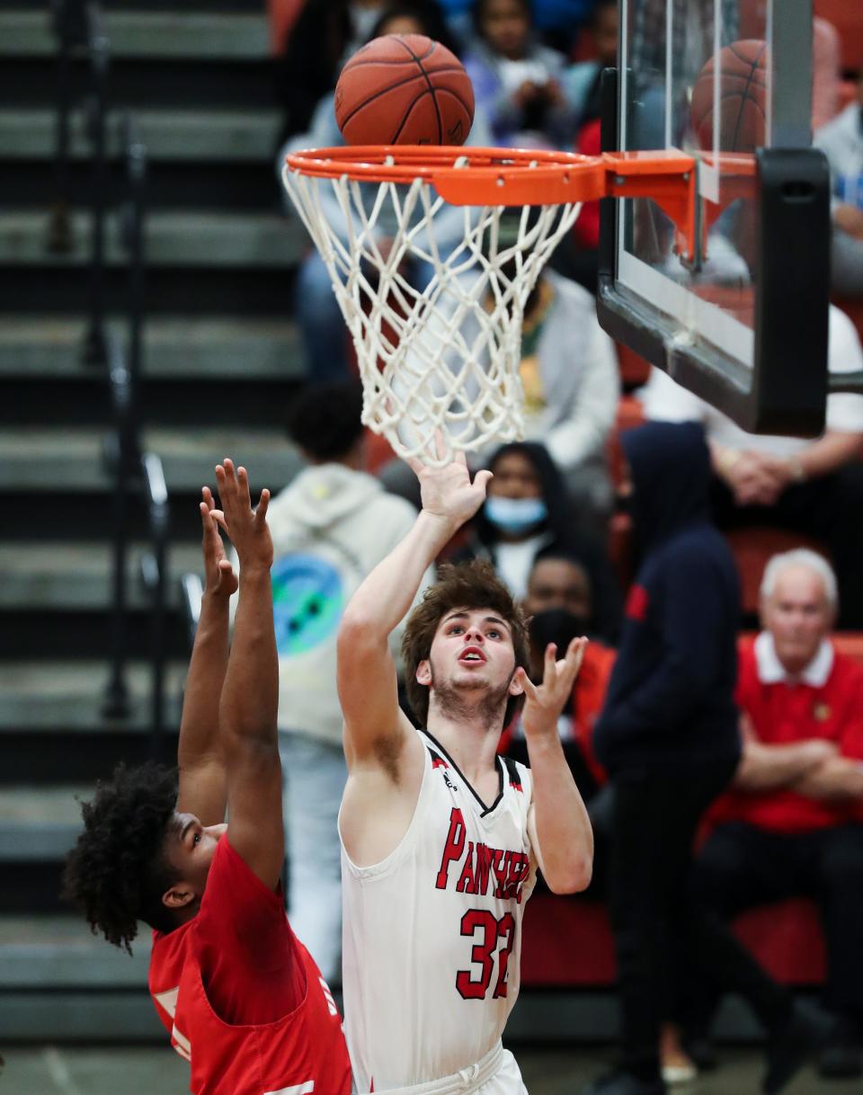 PRP’s Keith Robinson (32) shoots against Butler during the 6th Region quarterfinals at the PRP High gymnasium in Louisville, Ky. on Mar. 1, 2022.  PRP won 79-45.