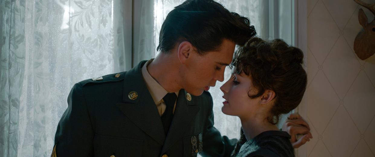 Elvis Presley (Austin Butler) falls for future wife Priscilla (Olivia DeJonge) while serving in the Army in u0022Elvis.u0022 Though Priscilla never stopped caring about Elvis, the couple divorced in 1973.