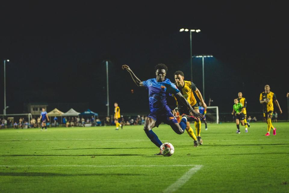 Stephen Afrifa shoots on goal for One Knoxville SC against Southern Soccer Academy Kings.