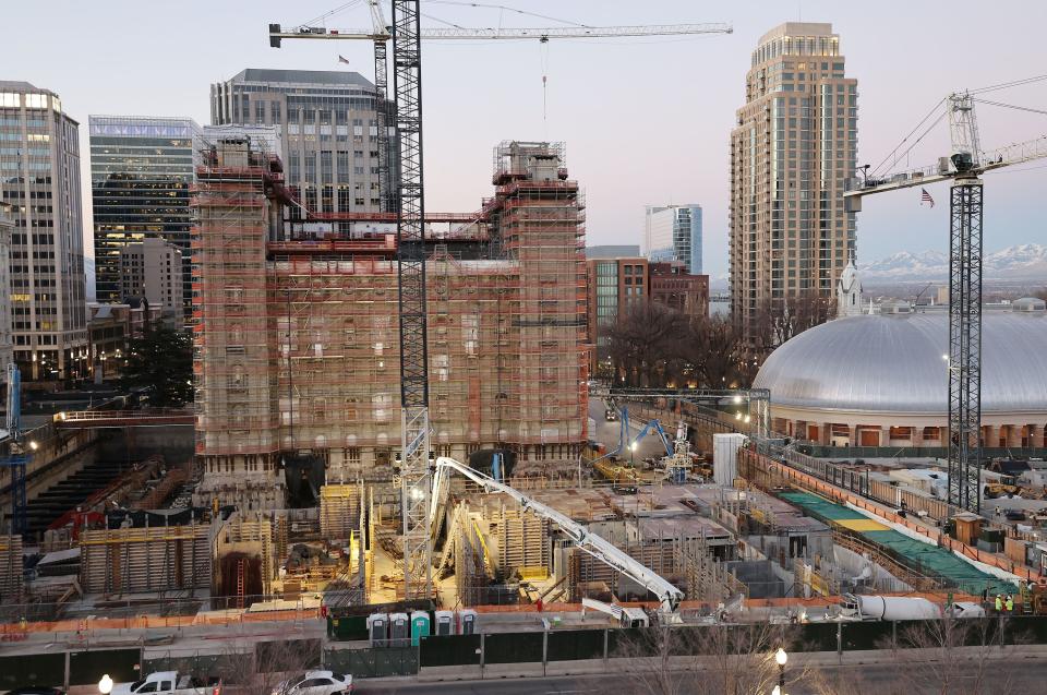 Concrete is poured at the Salt Lake Utah Temple of The Church of Jesus Christ of Latter-day Saints in Salt Lake City.