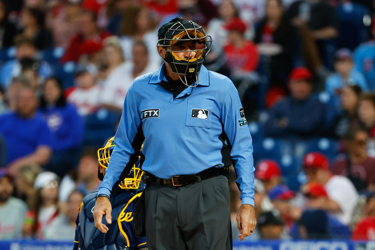 Umpire Ángel Hernández, seen here during an April game influenced by his controversial ball-strike calls, filed suit against MLB in 2017 for discrimination. (Photo by Rich Graessle/Icon Sportswire via Getty Images)