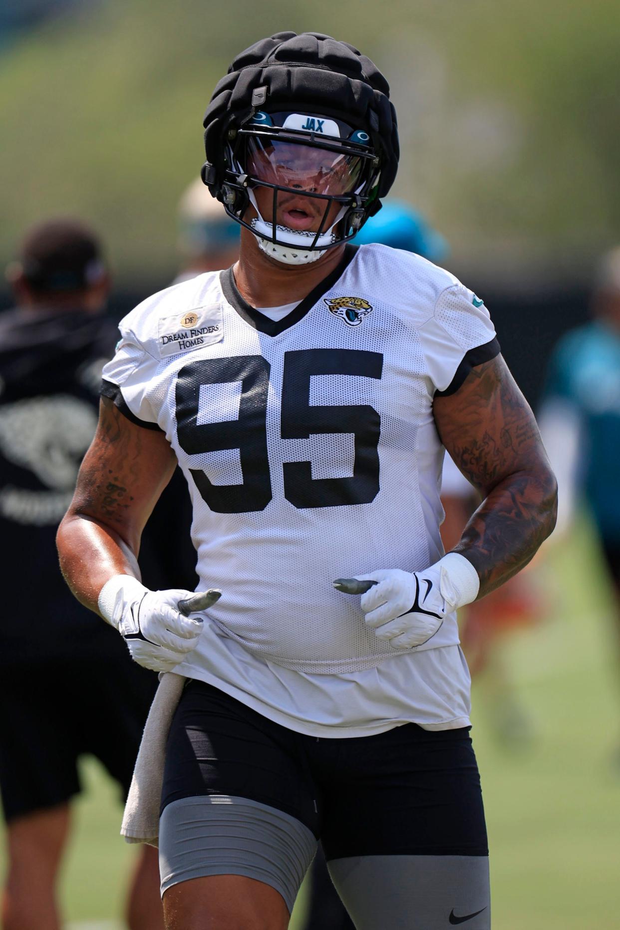 Jacksonville Jaguars defensive end Roy Robertson-Harris (95) warms up Monday, Aug. 14, 2023 at Miller Electric Center at EverBank Stadium in Jacksonville, Fla. Today was the 14th training camp session. 