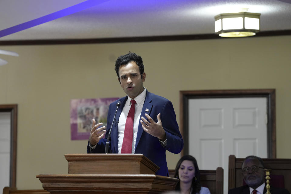 Republican presidential candidate Vivek Ramaswamy speaks at Rock Hill Missionary Baptist Church during a campaign swing on Sunday, March 19, 2023, in Manning, S.C. (AP Photo/Meg Kinnard)