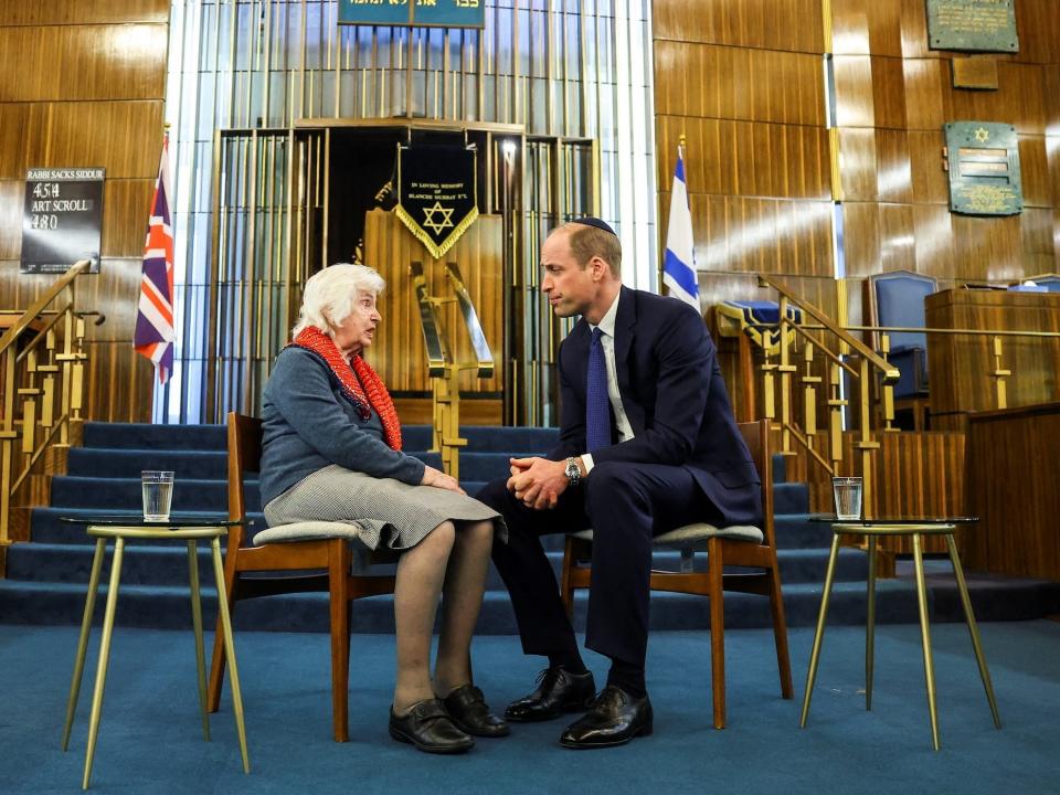 Prince William speaks to Holocaust survivor Renee Salt at the Western Marble Arch Synagogue on February 29, 2024.