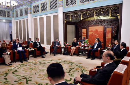 Chinese Premier Li Keqiang and European Union's foreign policy chief, Federica Mogherini attend a meeting at the Zhongnanhai leadership compound in Beijing, China, April 18, 2017. REUTERS/Kenzaburo Fukuhara/Pool