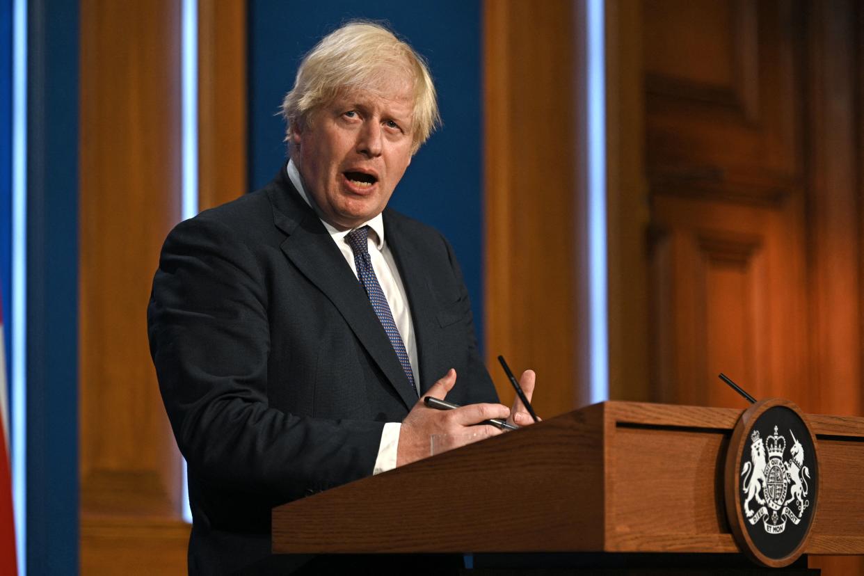 British Prime Minister Boris Johnson at a virtual press conference on July 12. (Daniel Leal Olivias/Poo//AFP via Getty Images)