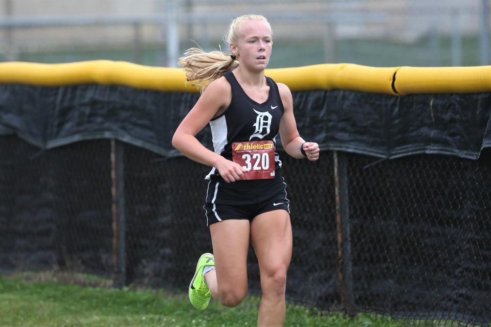Daleville's Faith Norris placed second in the Delaware County cross country meet at Cowan High School on Tuesday, Sept. 6, 2022.