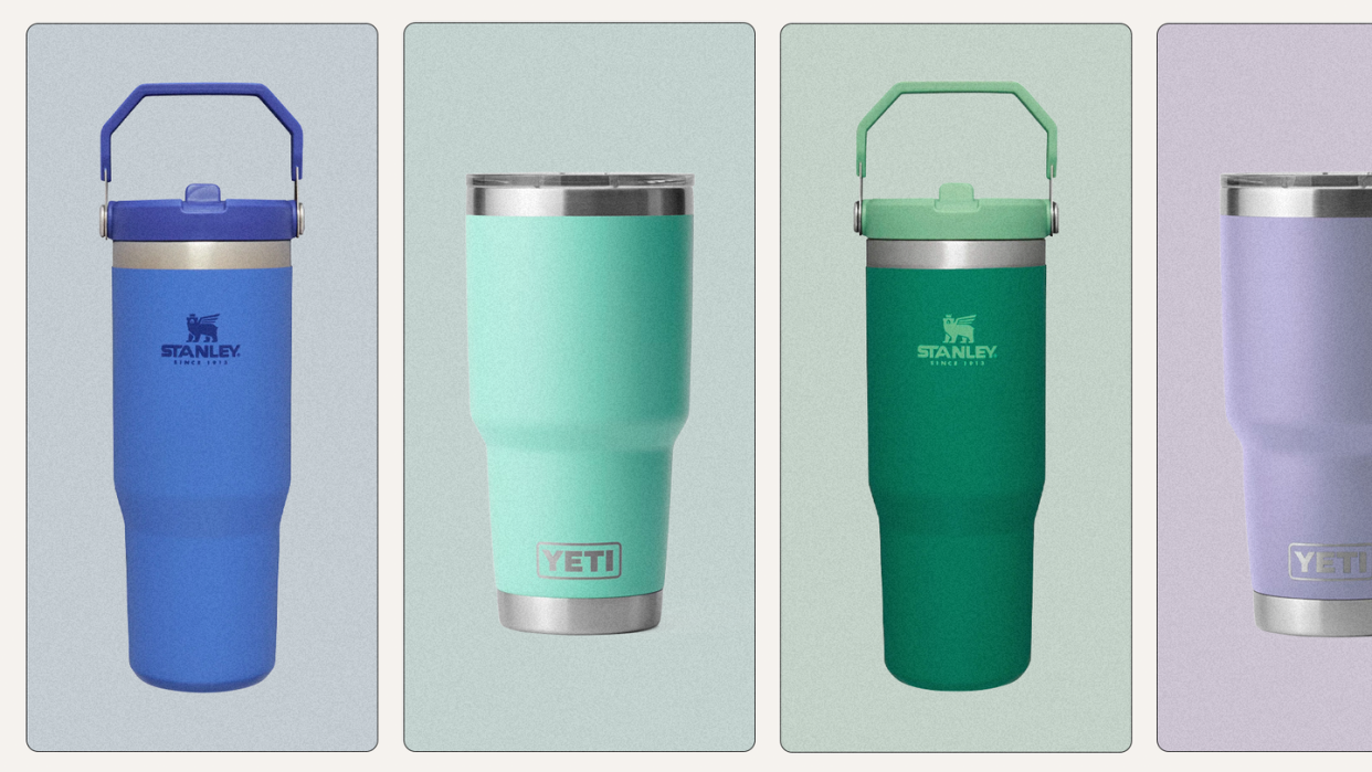 a group of blue and green yeti and stanley tumblers