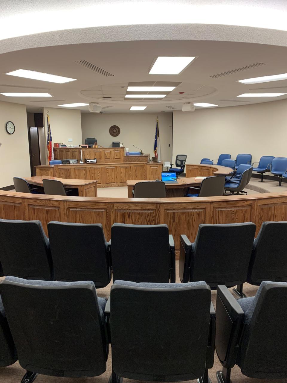A courtroom in the Taylor County Courthouse stands empty, awaiting the next trial.