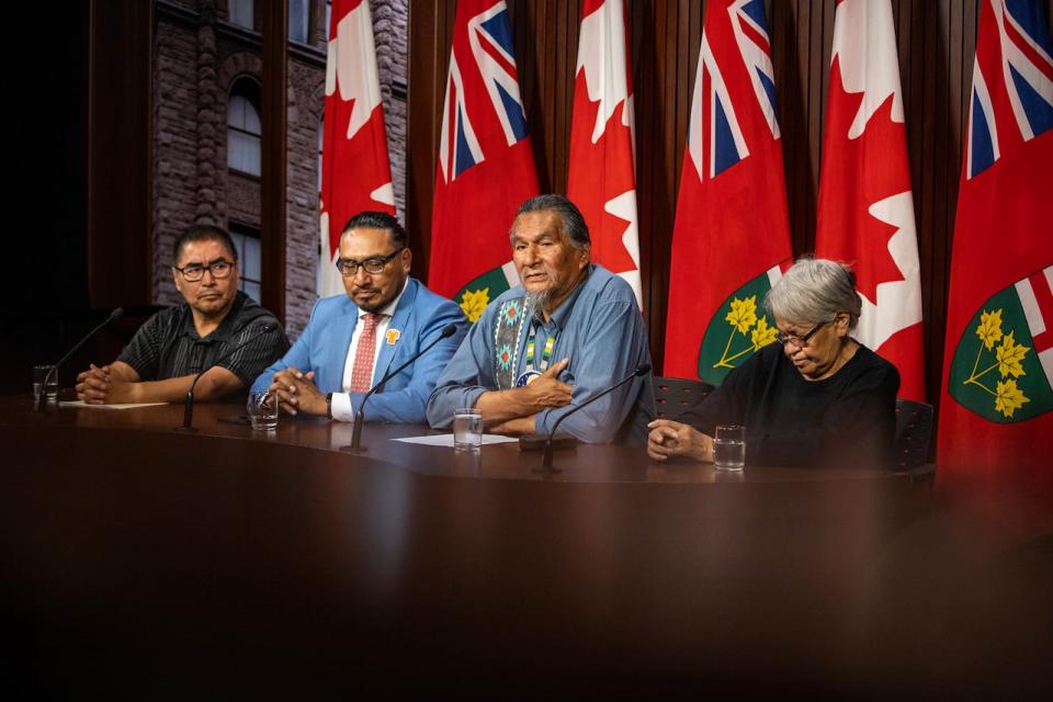 Members of the Land Defence Alliance, left to right, Chief Rudy Turtle of Grassy Narrows First Nation, Sol Mamakwa MPP, Elder Alex Moonias from Neskantaga First Nation and Cecilia Begg from Kitchenuhmaykoosib Inninuwug First Nation hold a press conference at Queen's Park in Toronto on Tuesday, September 26, 2023. 