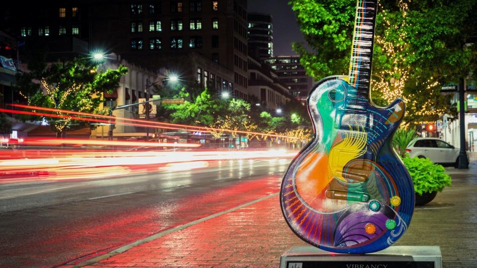 Austin, USA - November 5, 2016: Vibrancy by Craig Hein is one of the Guitar town Austin art project Guitars on Congress Avenue in Austin, Texas.