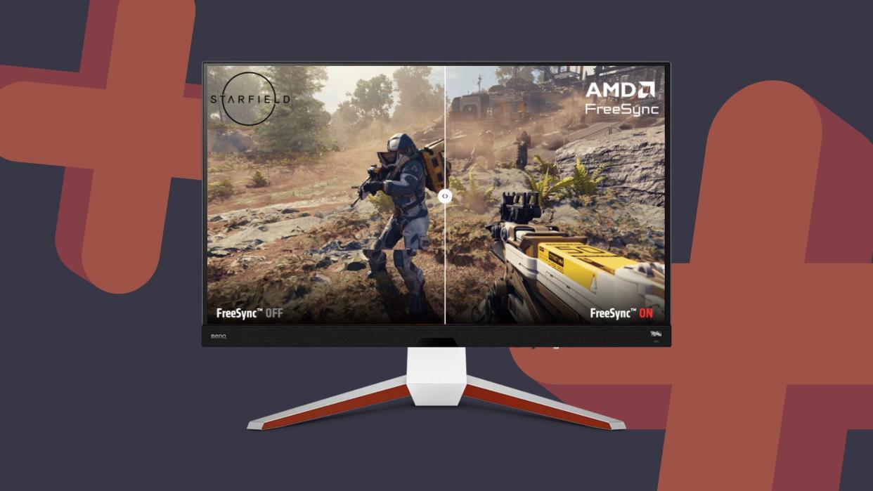  BenQ Mobiuz gaming monitor with Starfield AMD FreeSync on and off demo on screen and navy backdrop with orange plus symbols. 