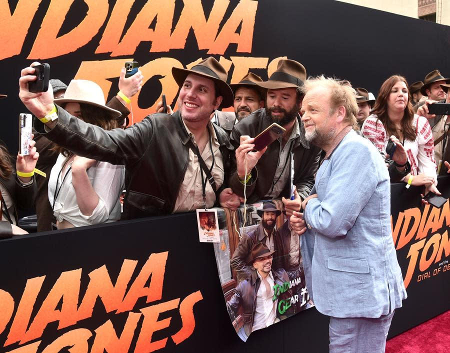 Toby Jones joins costumed fans at the “Indiana Jones and the Dial of Destiny” U.S. premiere at the Dolby Theatre in Hollywood. (Alberto E. Rodriguez/Getty Images for Disney)