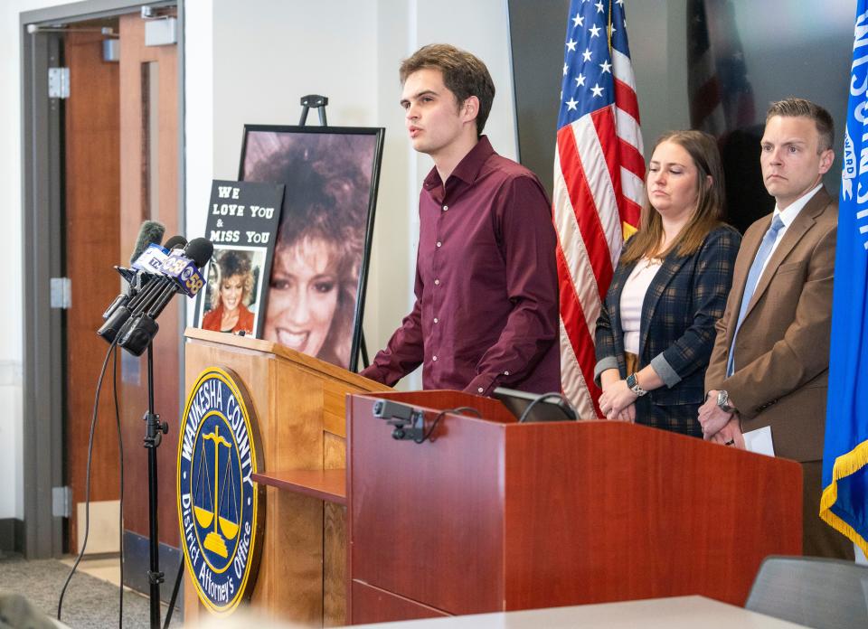 Anthony Pozza, friend of Lynn Hernan, speaks at a press conference as Jessy Kurczewski has been sentenced to life in prison on Friday April 5, 2024 at the Waukesha County Courthouse in Waukesha, Wis.