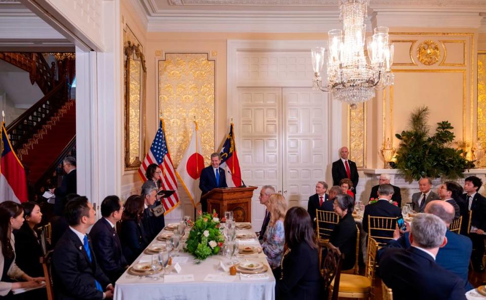 North Carolina Governor Roy Cooper addresses a luncheon in honor of Japanese Prime Minister Fumio Kishida on Friday, April 12, 2024 at the Executive Mansion in Raleigh, N.C.