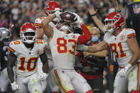 Kansas City Chiefs tight end Noah Gray (83) celebrates after scoring a touchdown against the Las Vegas Raiders during the second half of an NFL football game, Sunday, Nov. 14, 2021, in Las Vegas. (AP Photo/David Becker)